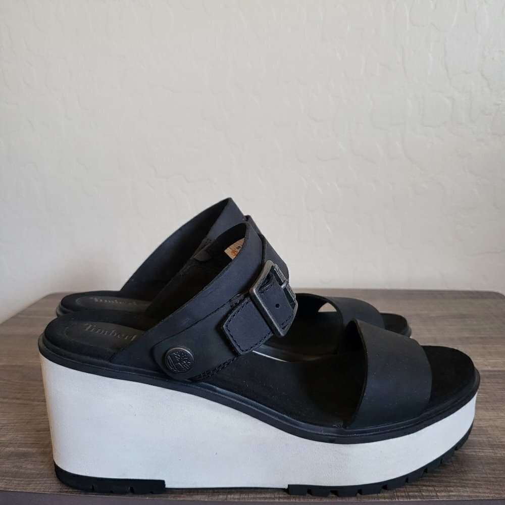 Timberland Koralyn Nubuck Leather Platform Wedge Sandals Black/White Women's 10